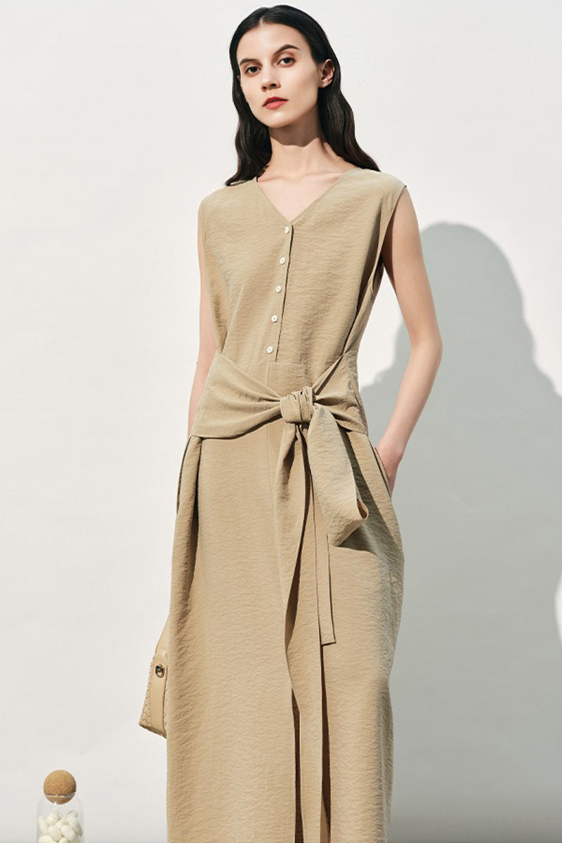 Black Silk V-Neck Tie-Waist Maxi Dress with Pockets