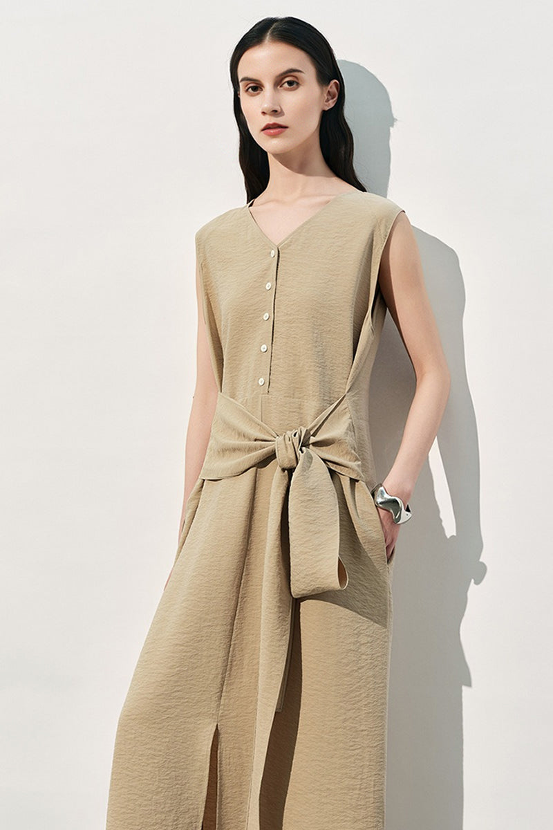 Black Silk V-Neck Tie-Waist Maxi Dress with Pockets
