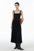 Black Sleeveless Pleated Square-Neck Tank Midi Dress