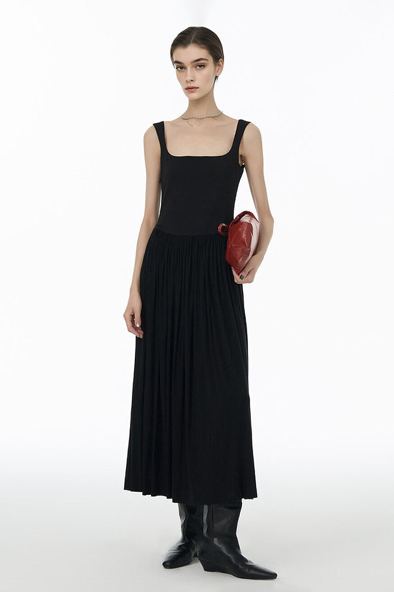 Black Sleeveless Pleated Square-Neck Tank Midi Dress