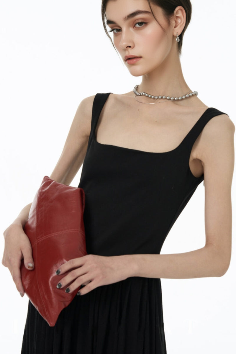 Black Sleeveless Pleated Square-Neck Tank Midi Dress