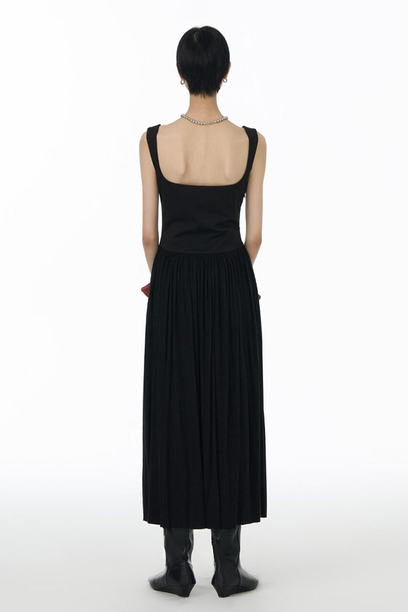 Black Sleeveless Pleated Square-Neck Tank Midi Dress