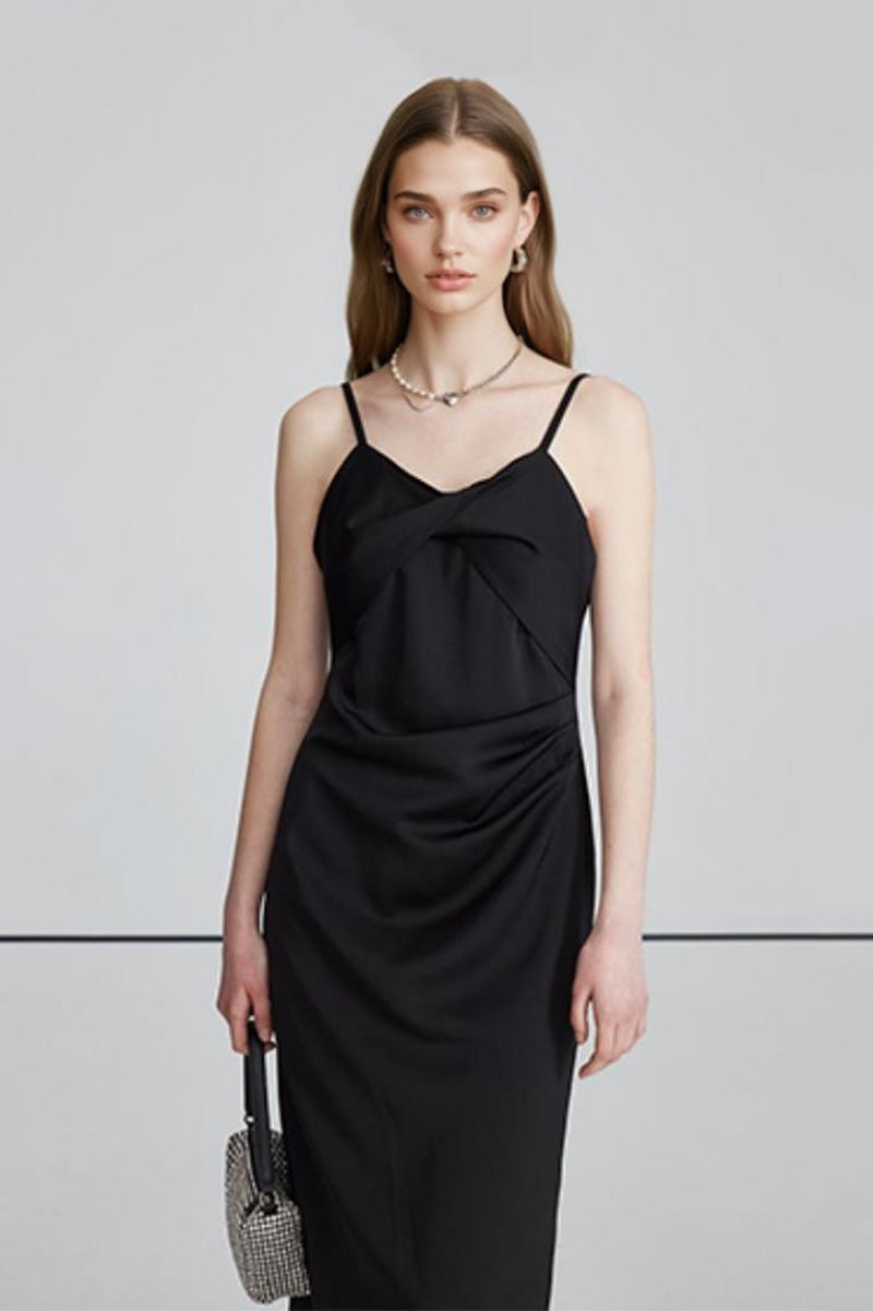 Black Spaghetti-Strap Twist-Front Midi Dress