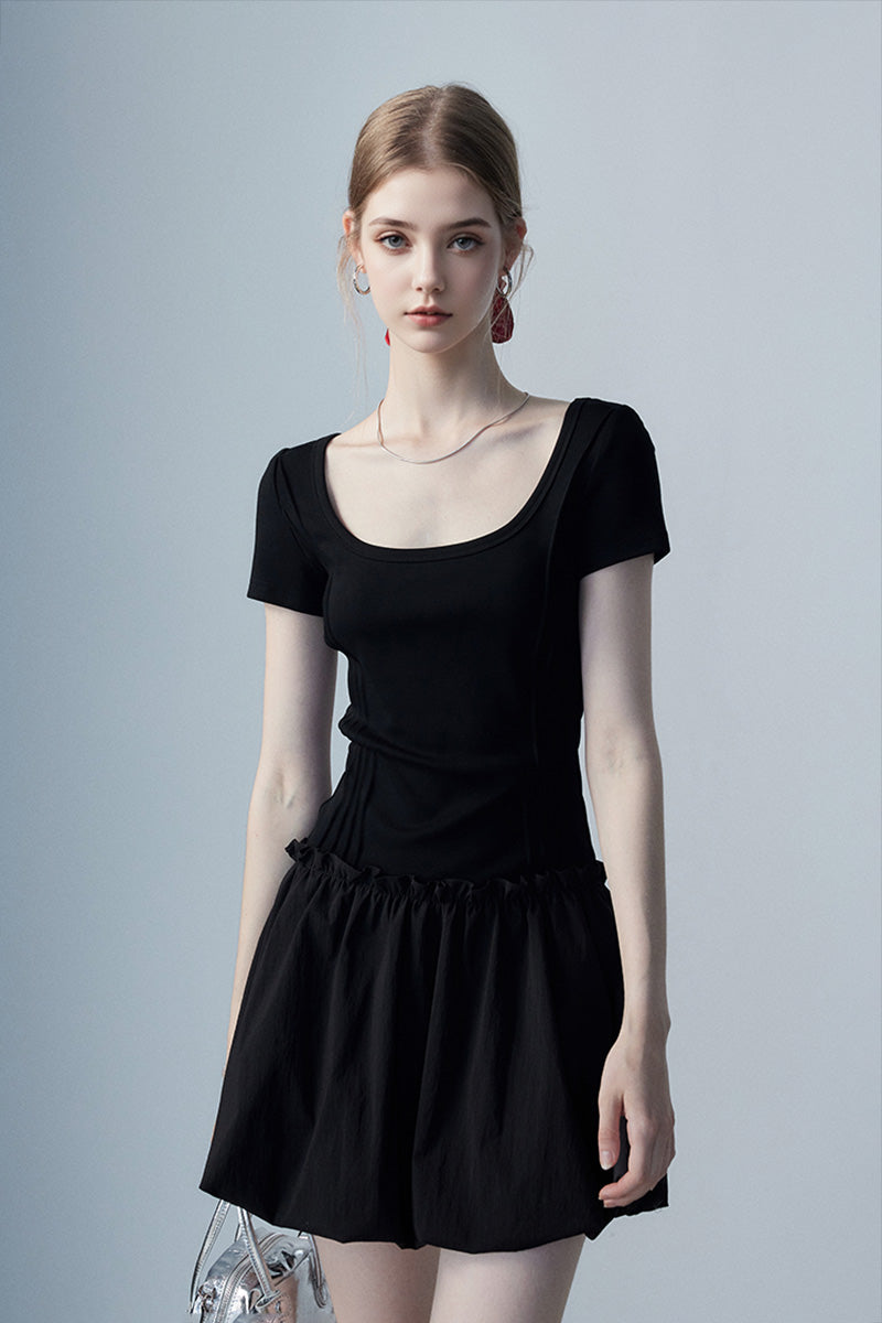 Black Squre-Neck Bubble Mini Dress