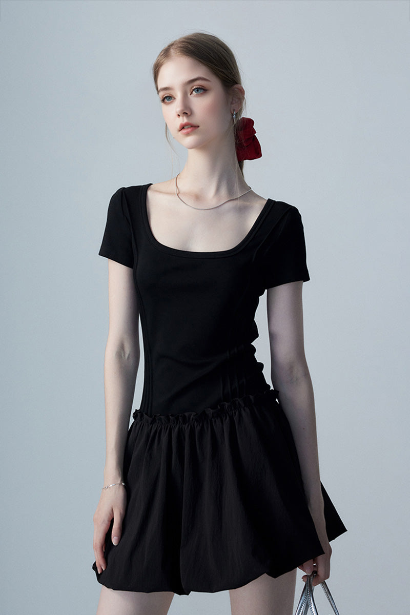 Black Squre-Neck Bubble Mini Dress
