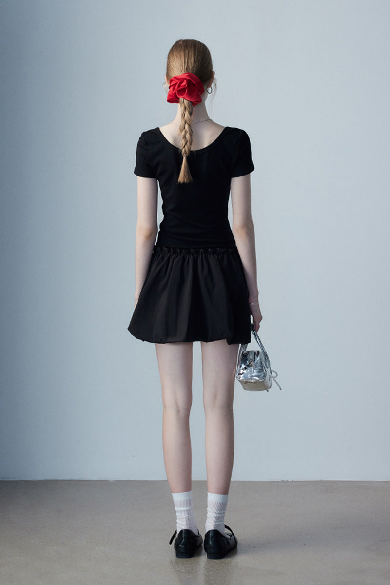 Black Squre-Neck Bubble Mini Dress