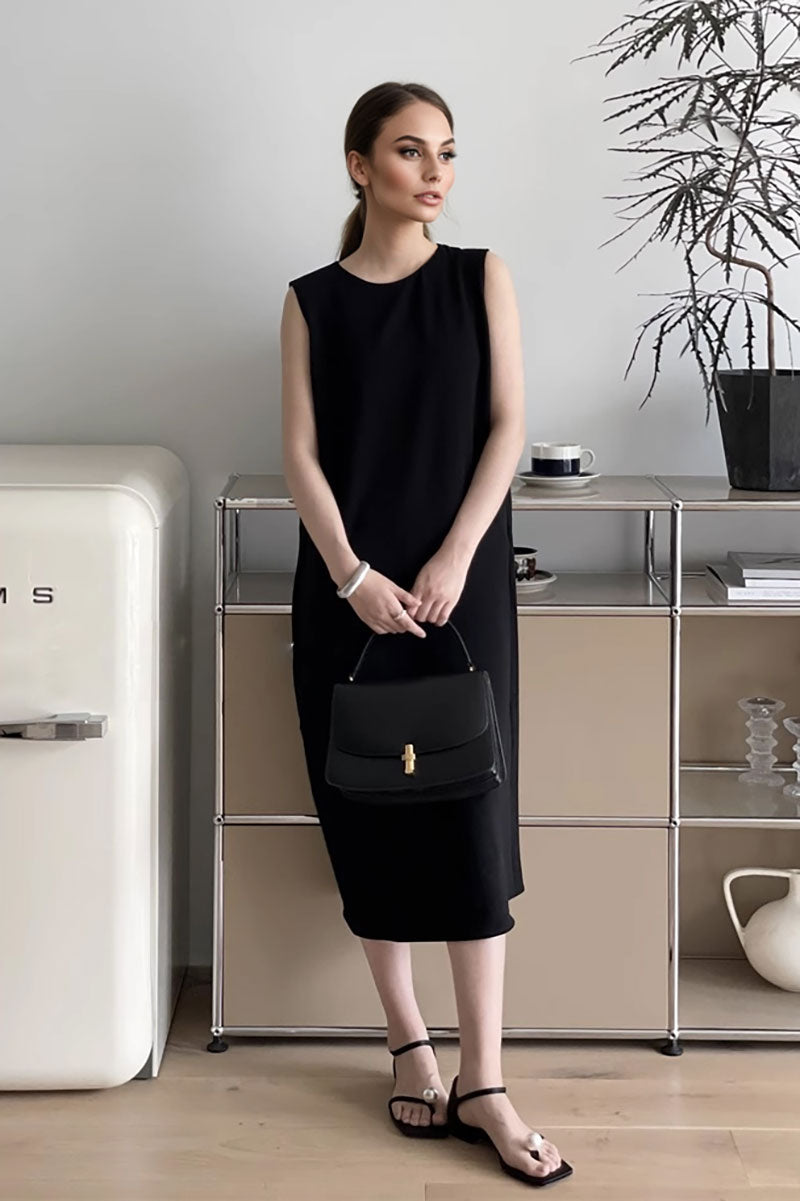 Black Triacetate-Blend Midi Shift Dress with Pockets