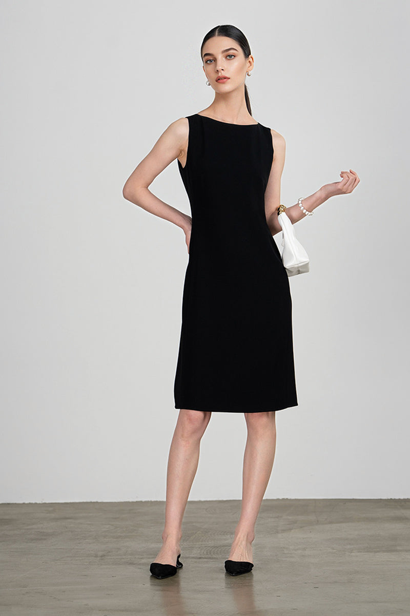 Black Triacetate Sleeveless Boat Neck Midi Dress
