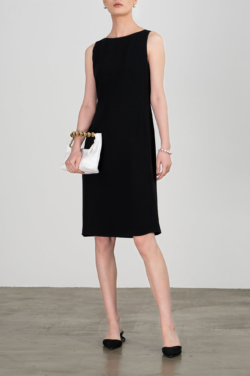 Black Triacetate Sleeveless Boat Neck Midi Dress