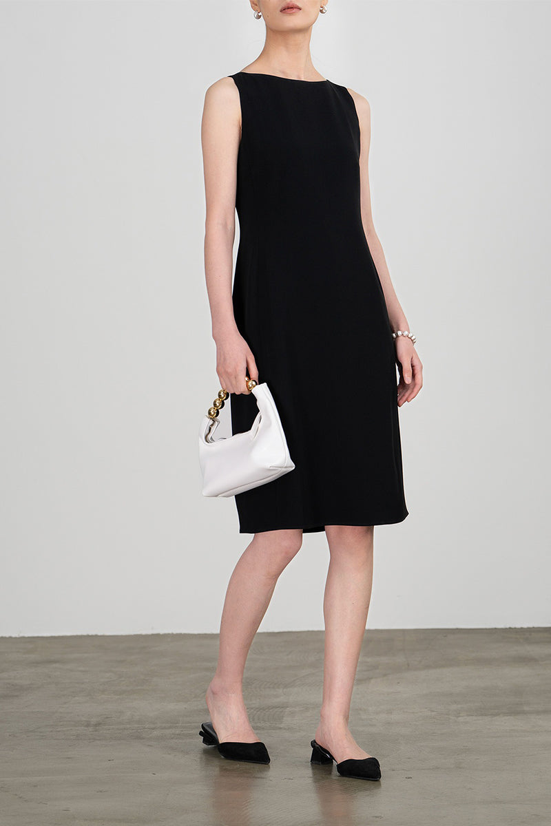 Black Triacetate Sleeveless Boat Neck Midi Dress