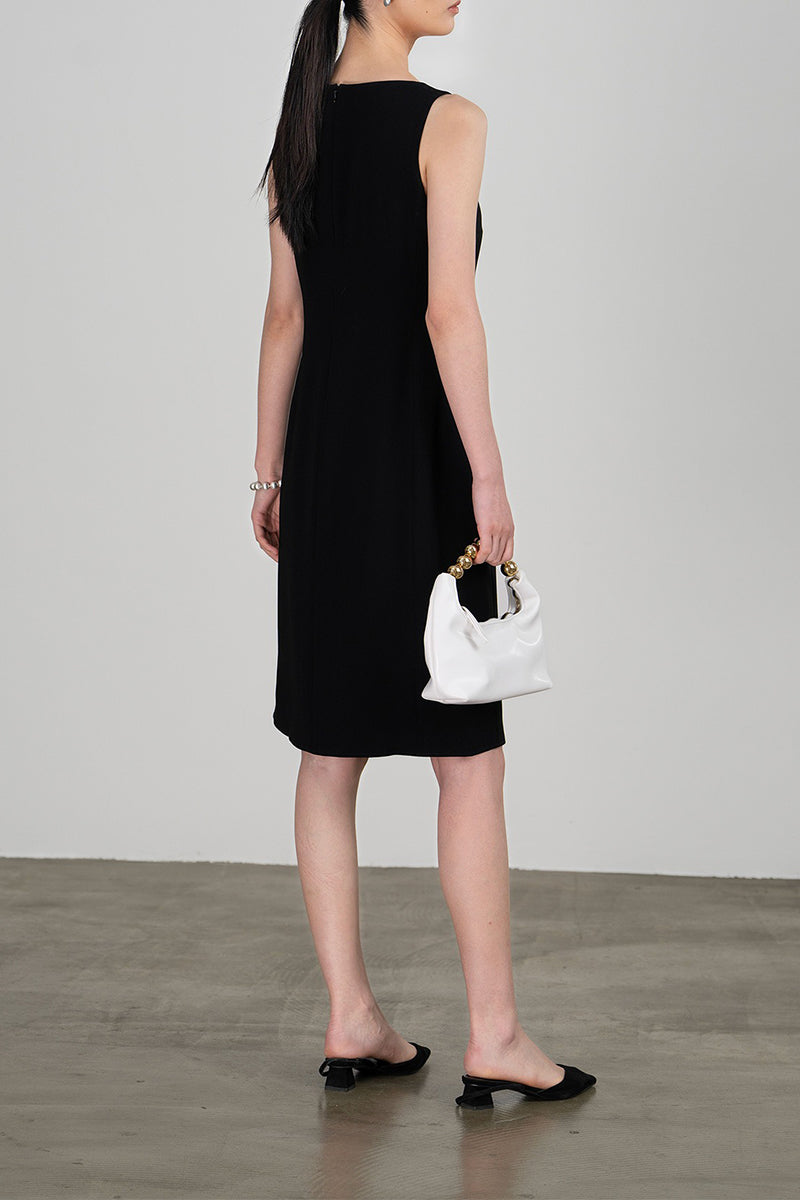 Black Triacetate Sleeveless Boat Neck Midi Dress