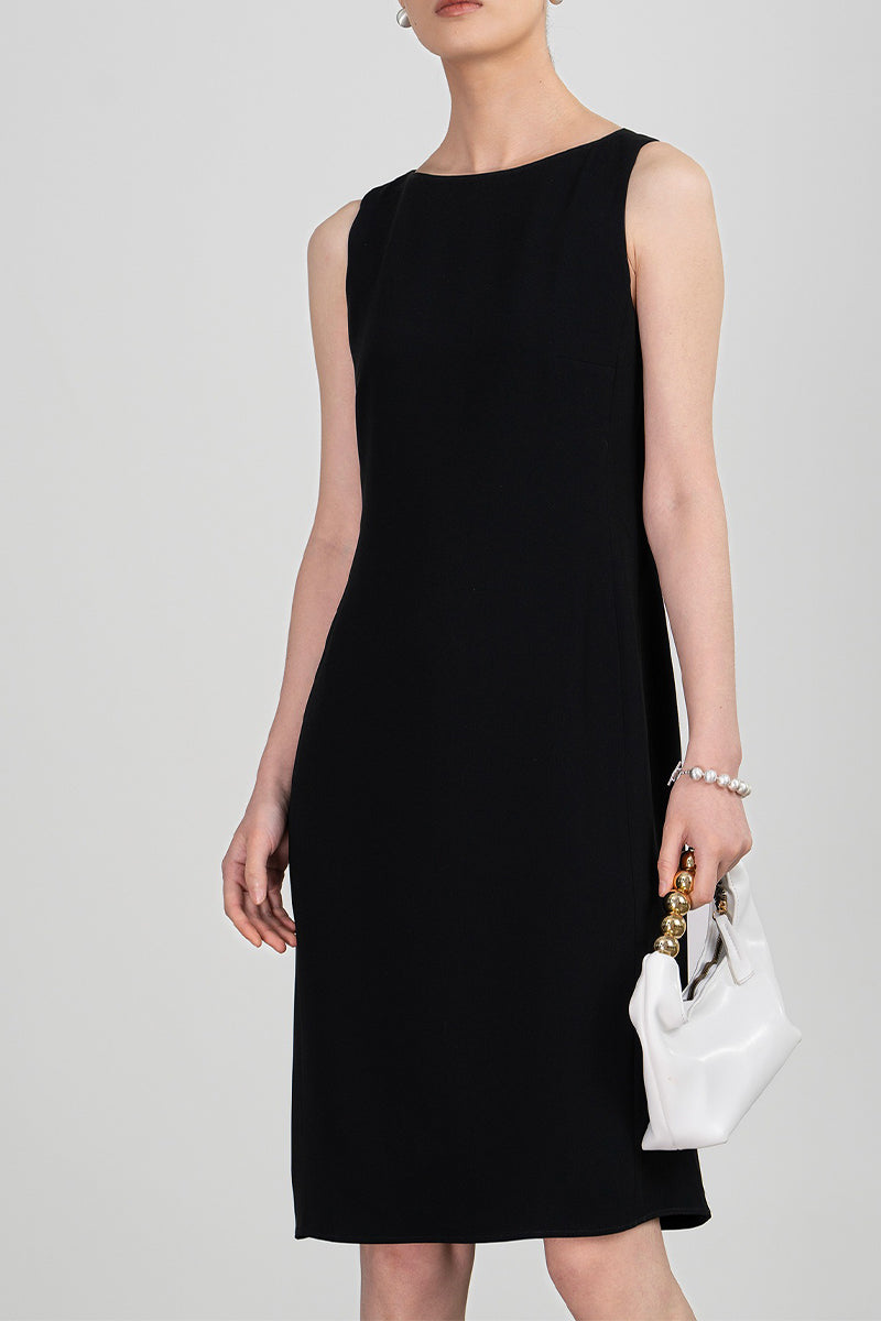 Black Triacetate Sleeveless Boat Neck Midi Dress