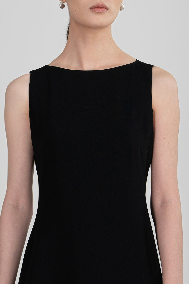 Black Triacetate Sleeveless Boat Neck Midi Dress
