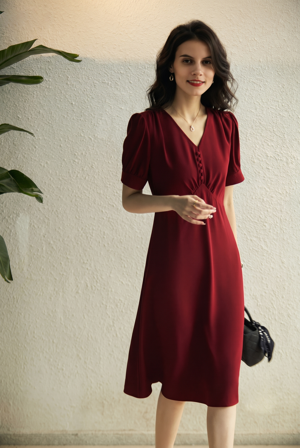V-Neck Puff Sleeve A-Line Acetate Midi Dress
