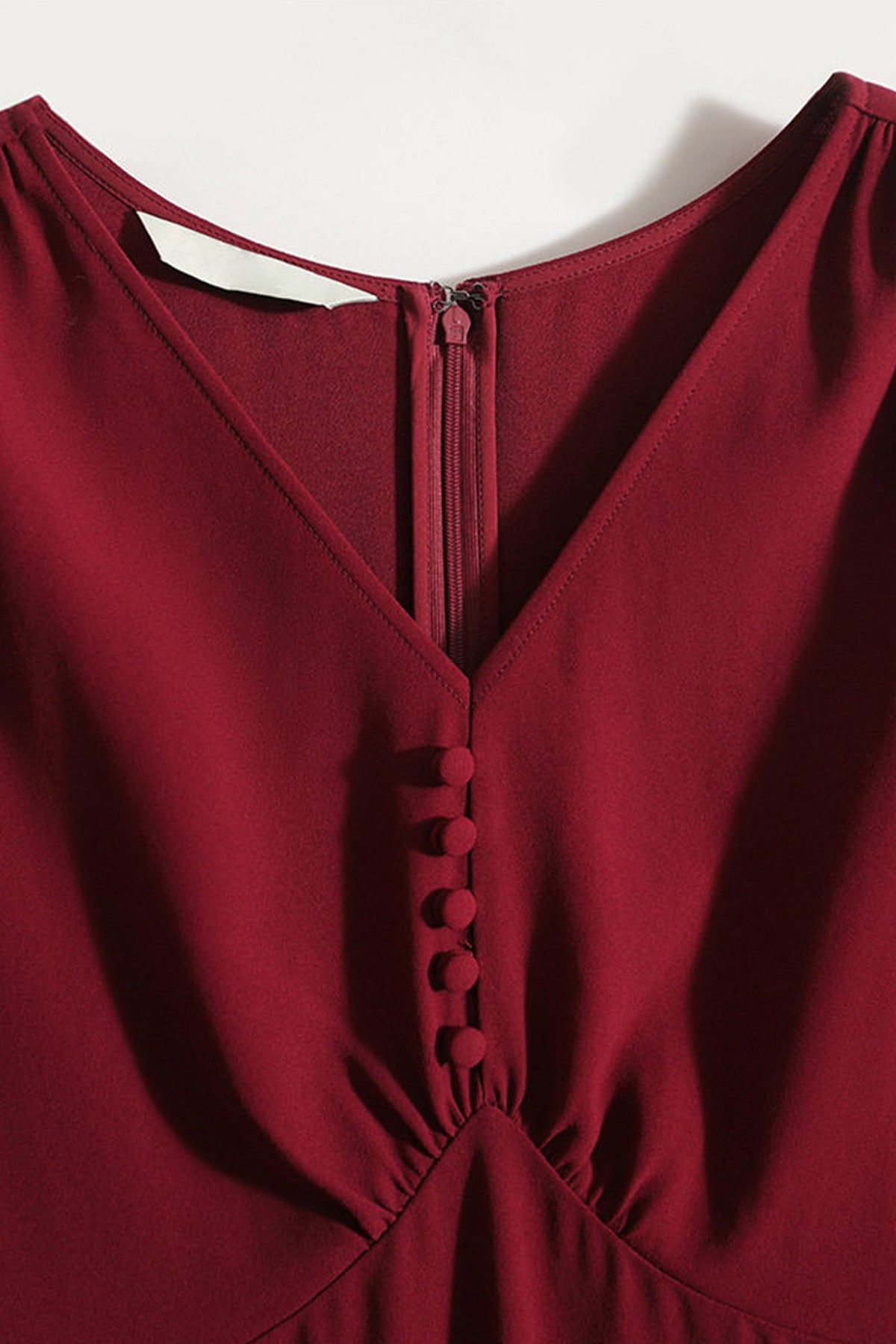 V-Neck Puff Sleeve A-Line Acetate Midi Dress