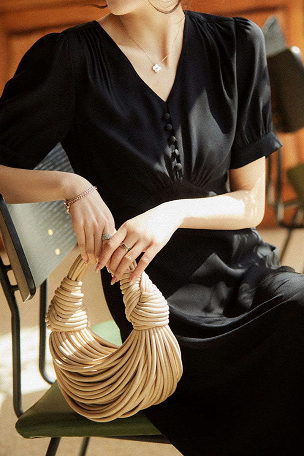 V-Neck Puff Sleeve A-Line Acetate Midi Dress