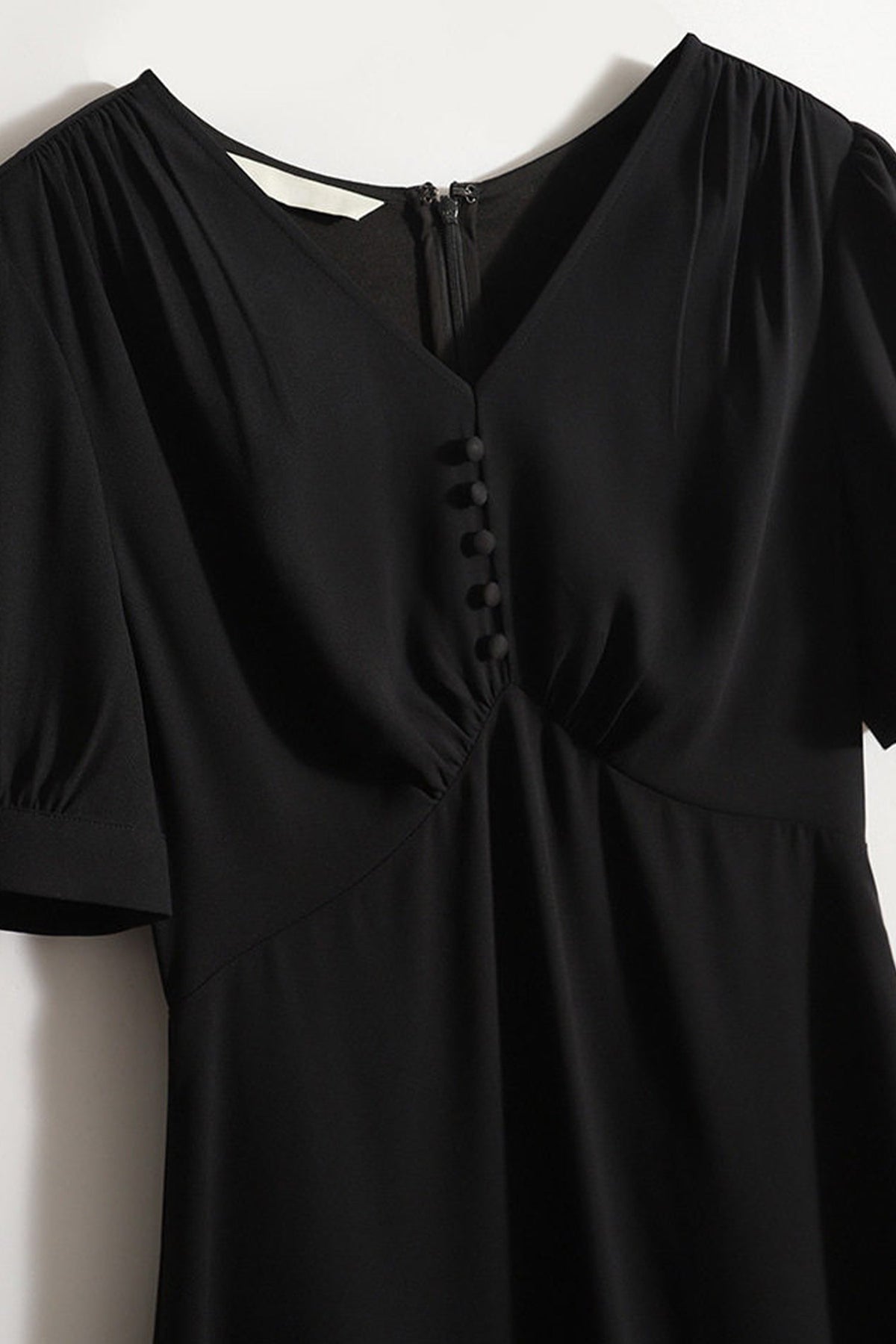 V-Neck Puff Sleeve A-Line Acetate Midi Dress