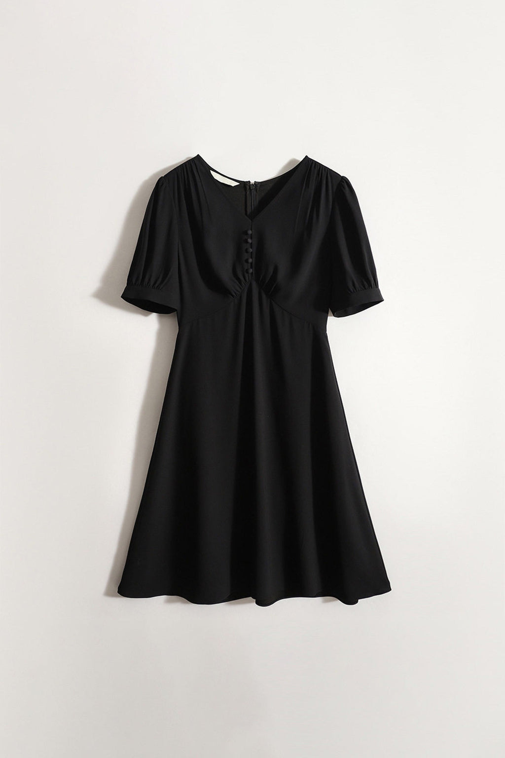 V-Neck Puff Sleeve A-Line Acetate Midi Dress