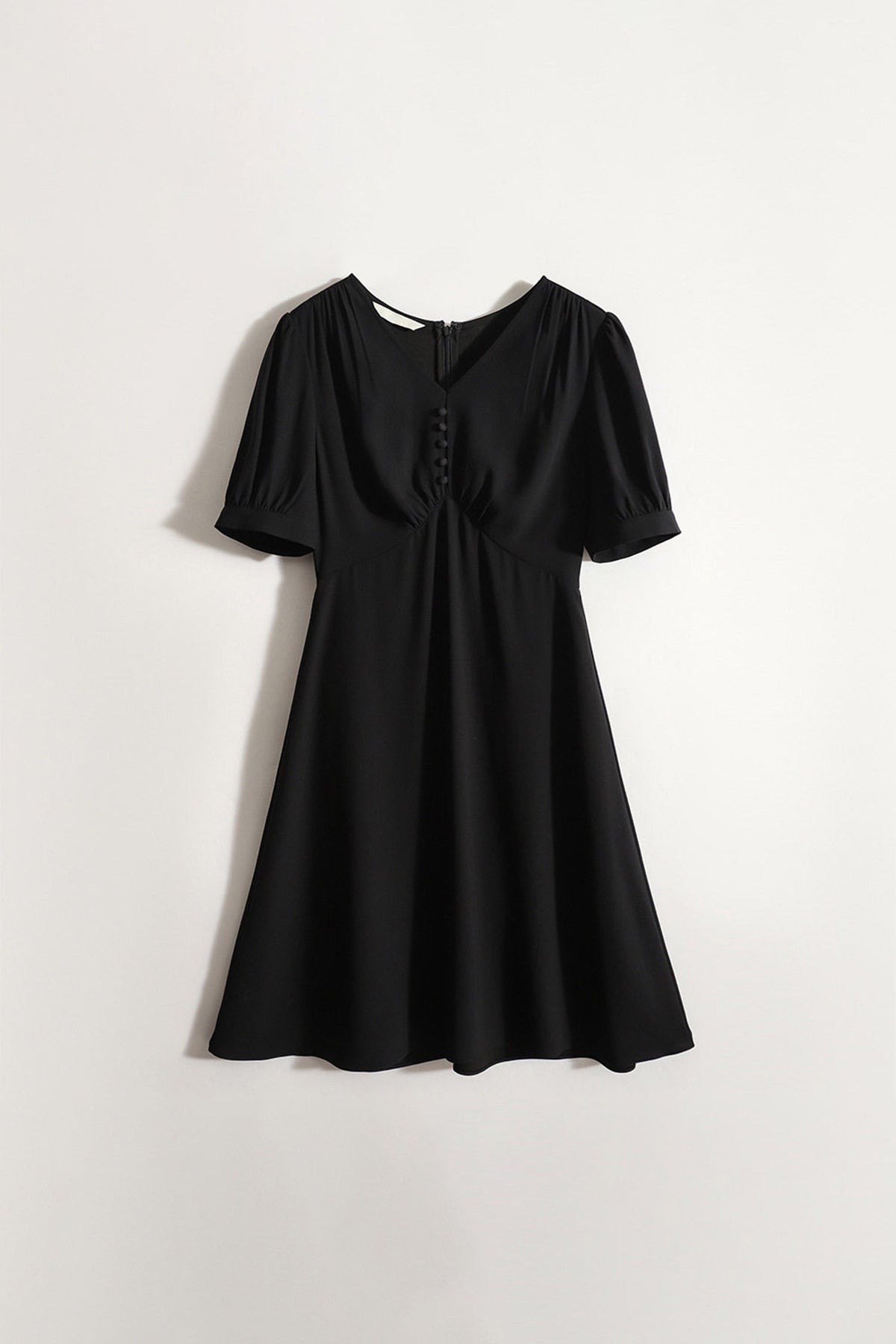 V-Neck Puff Sleeve A-Line Acetate Midi Dress