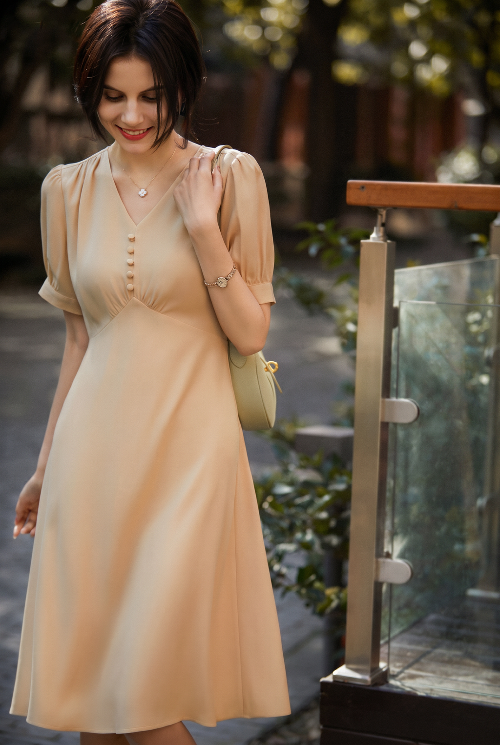 V-Neck Puff Sleeve A-Line Acetate Midi Dress