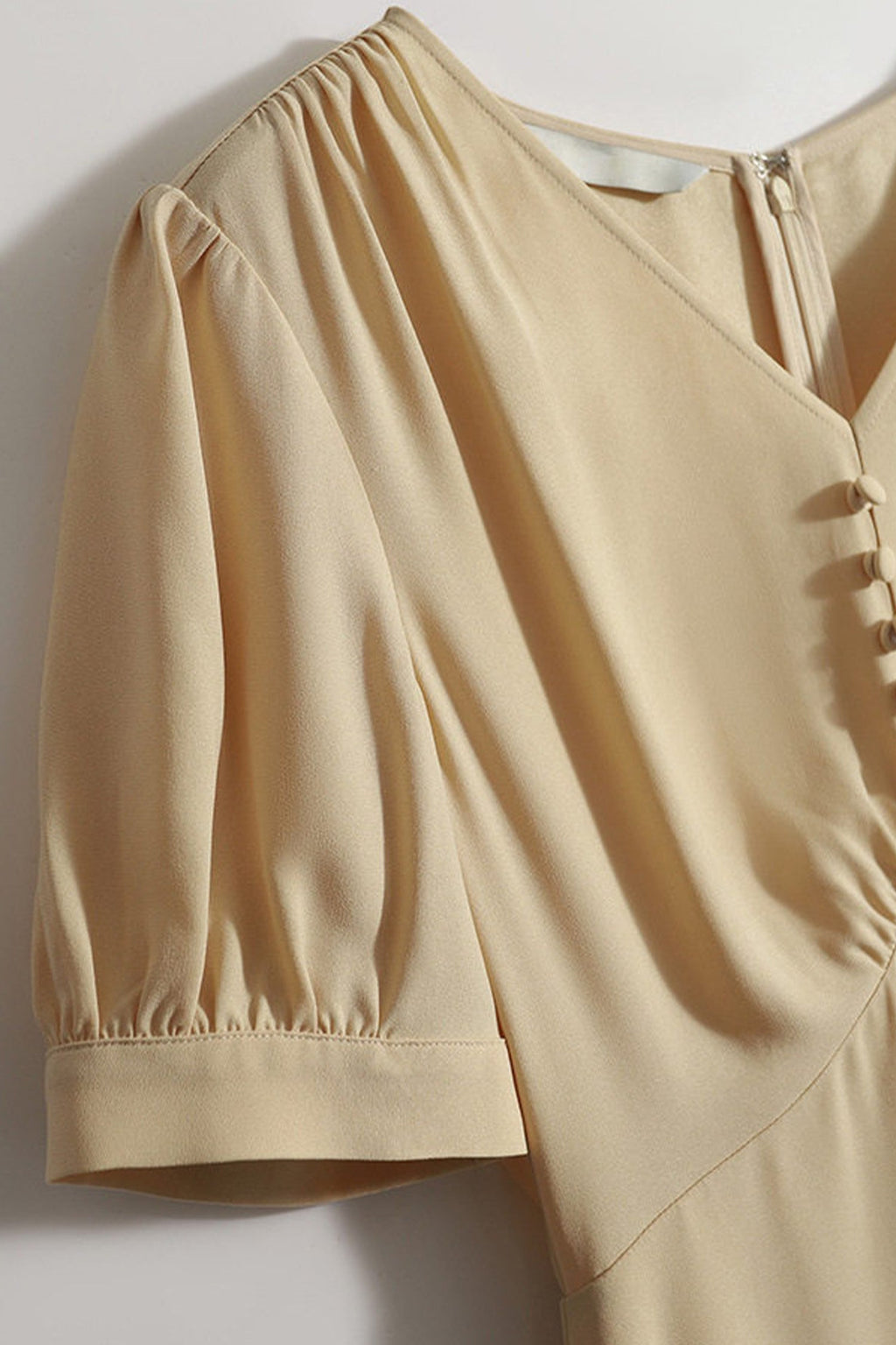 V-Neck Puff Sleeve A-Line Acetate Midi Dress