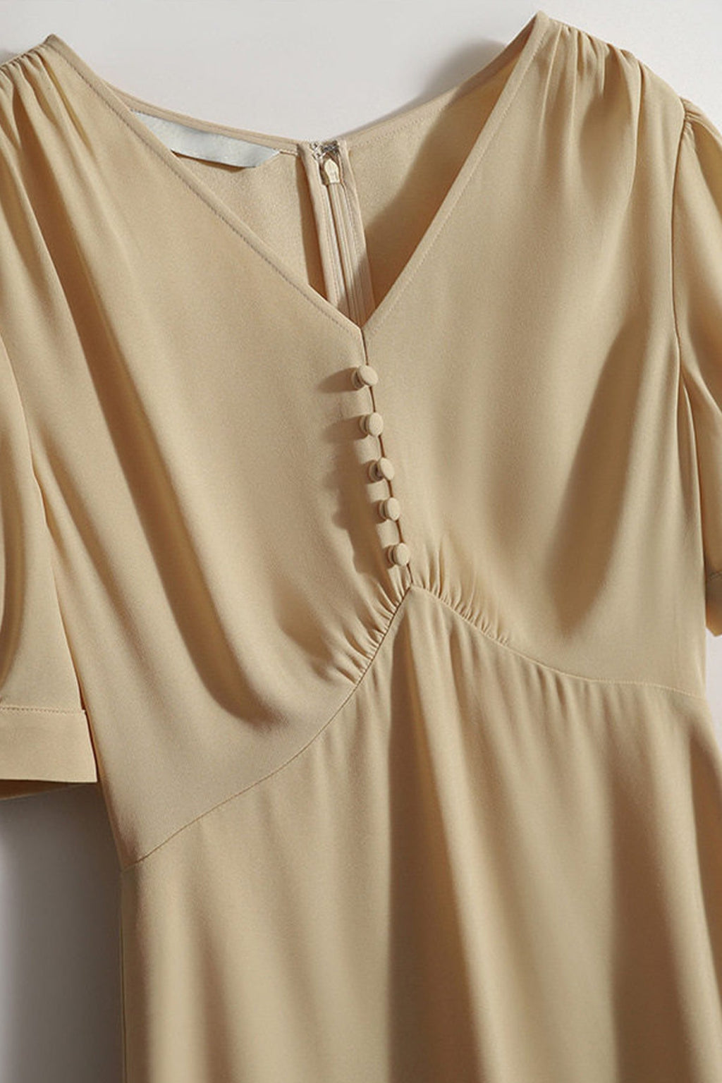 V-Neck Puff Sleeve A-Line Acetate Midi Dress