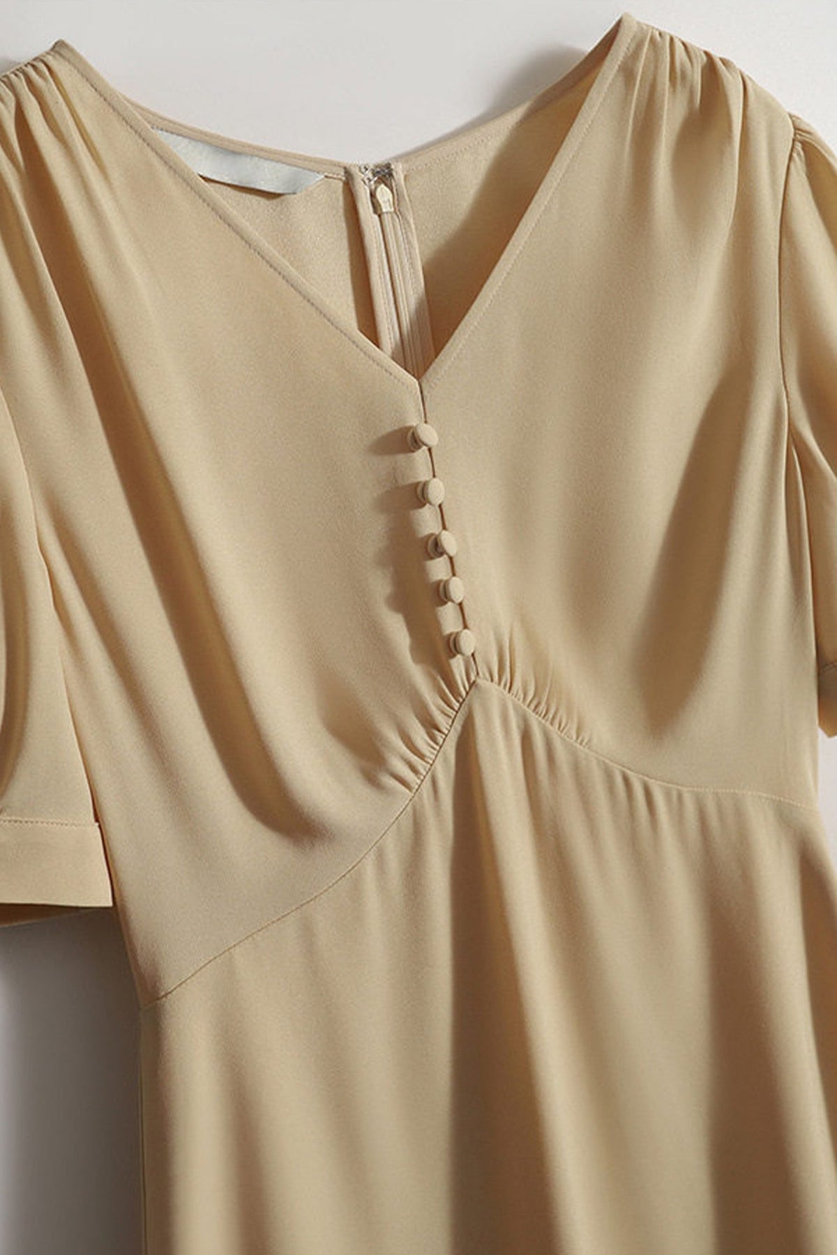 V-Neck Puff Sleeve A-Line Acetate Midi Dress