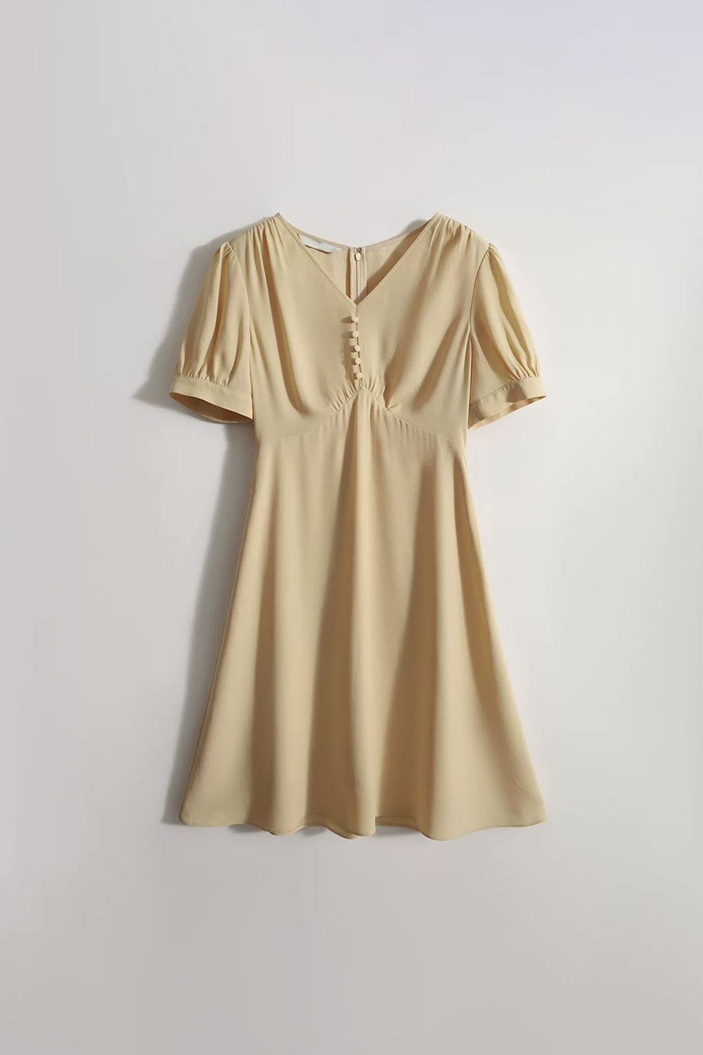 V-Neck Puff Sleeve A-Line Acetate Midi Dress
