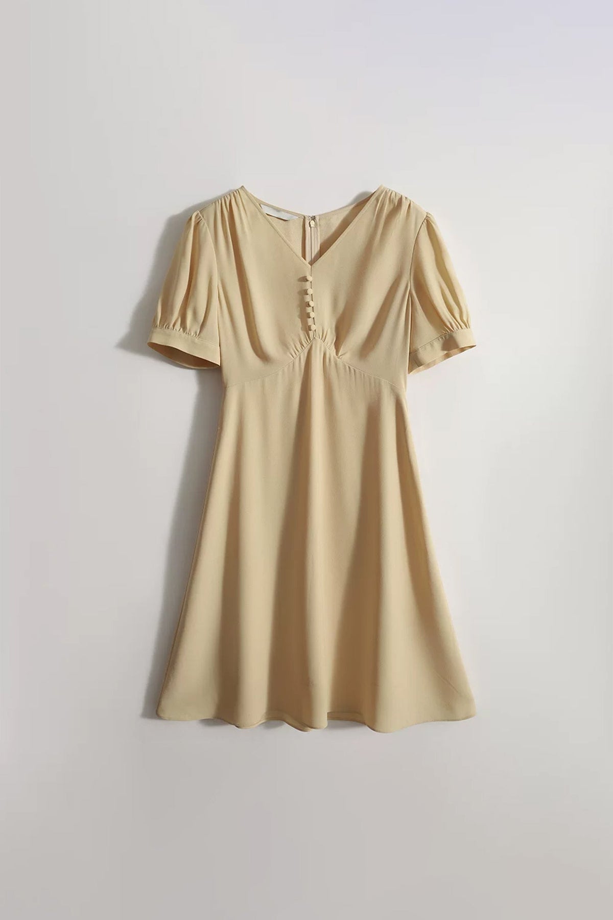 V-Neck Puff Sleeve A-Line Acetate Midi Dress