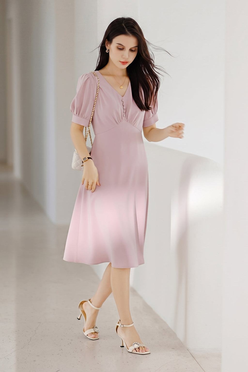V-Neck Puff Sleeve A-Line Acetate Midi Dress