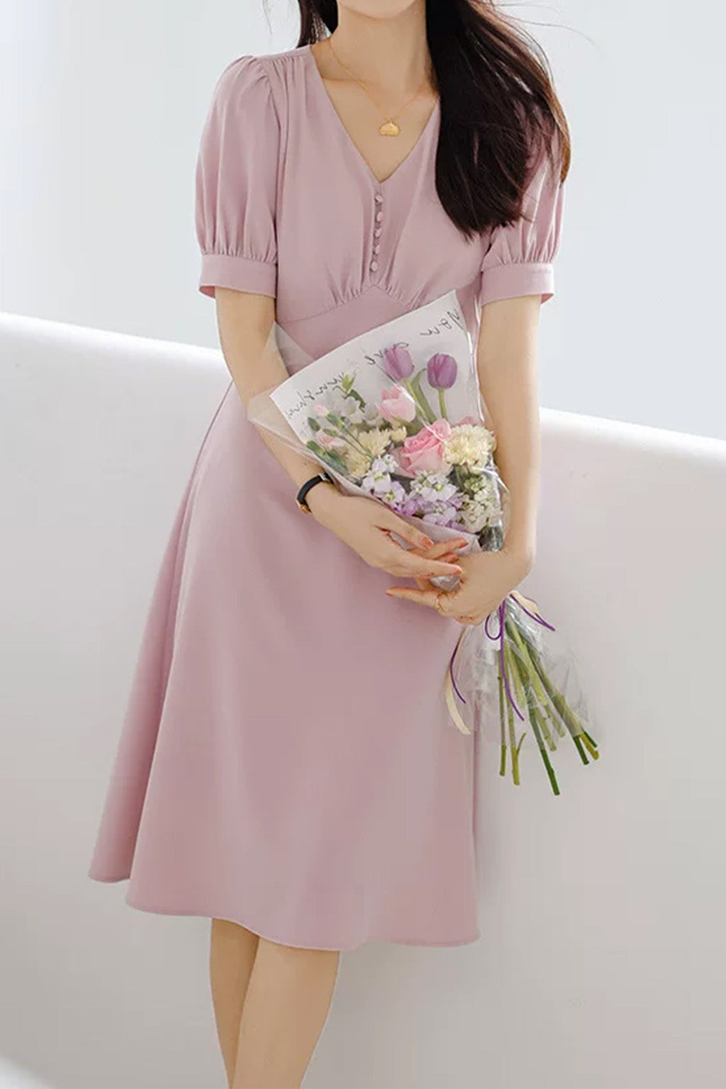 V-Neck Puff Sleeve A-Line Acetate Midi Dress