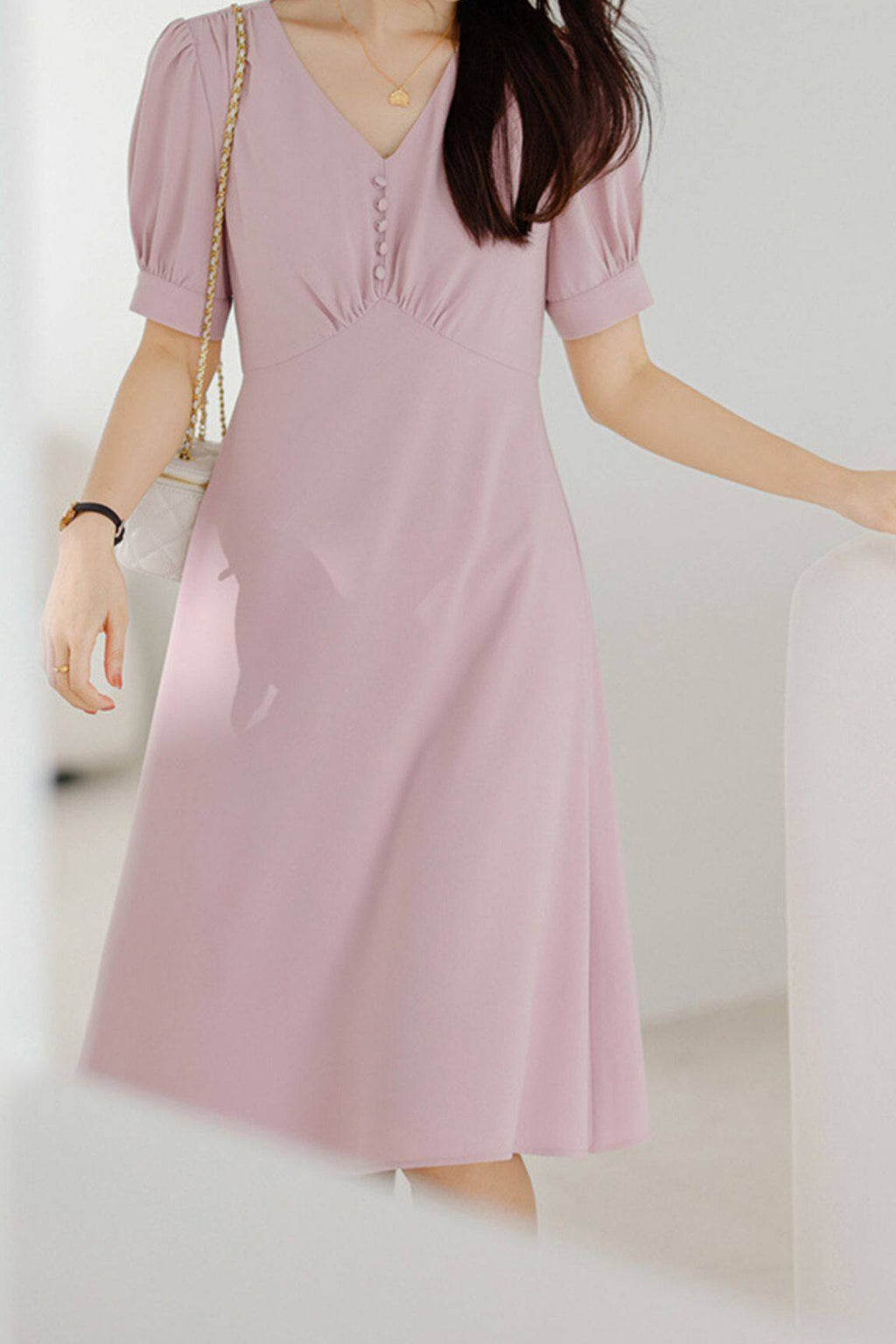 V-Neck Puff Sleeve A-Line Acetate Midi Dress