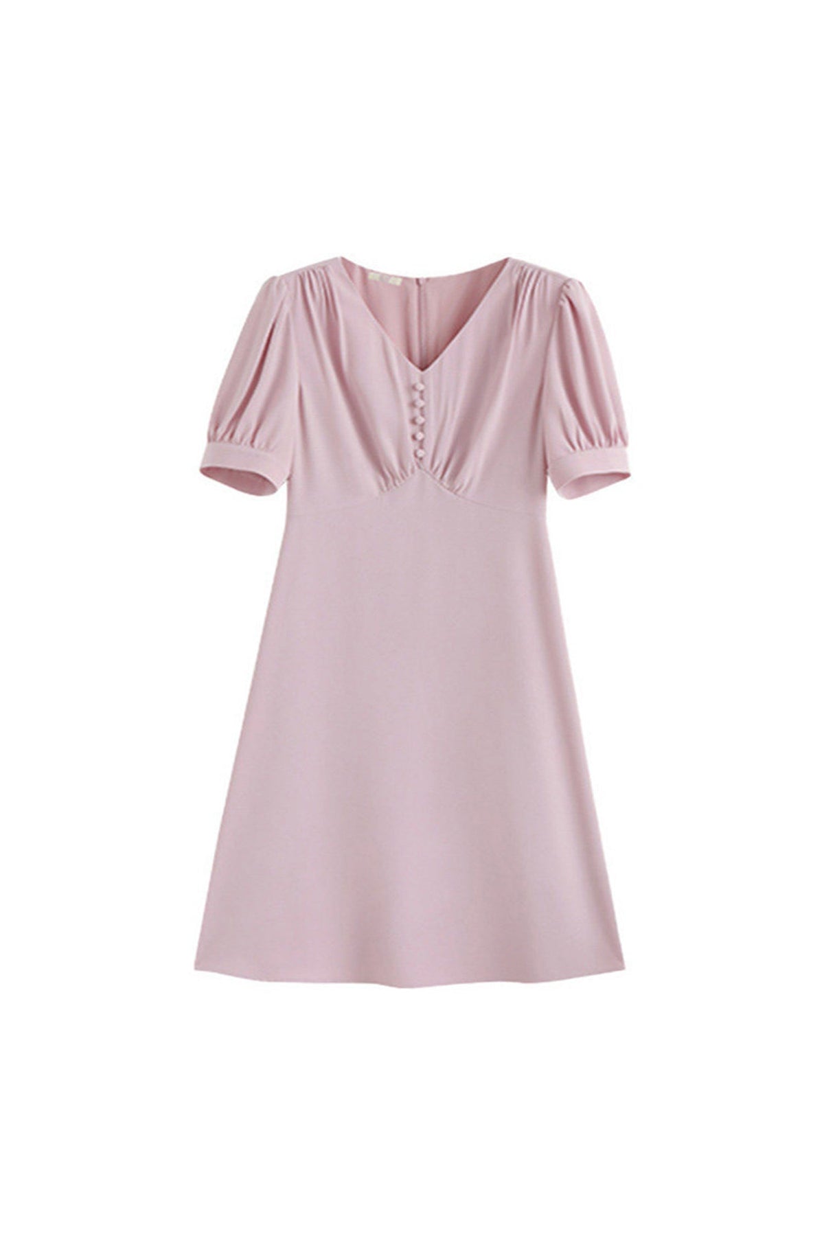 V-Neck Puff Sleeve A-Line Acetate Midi Dress