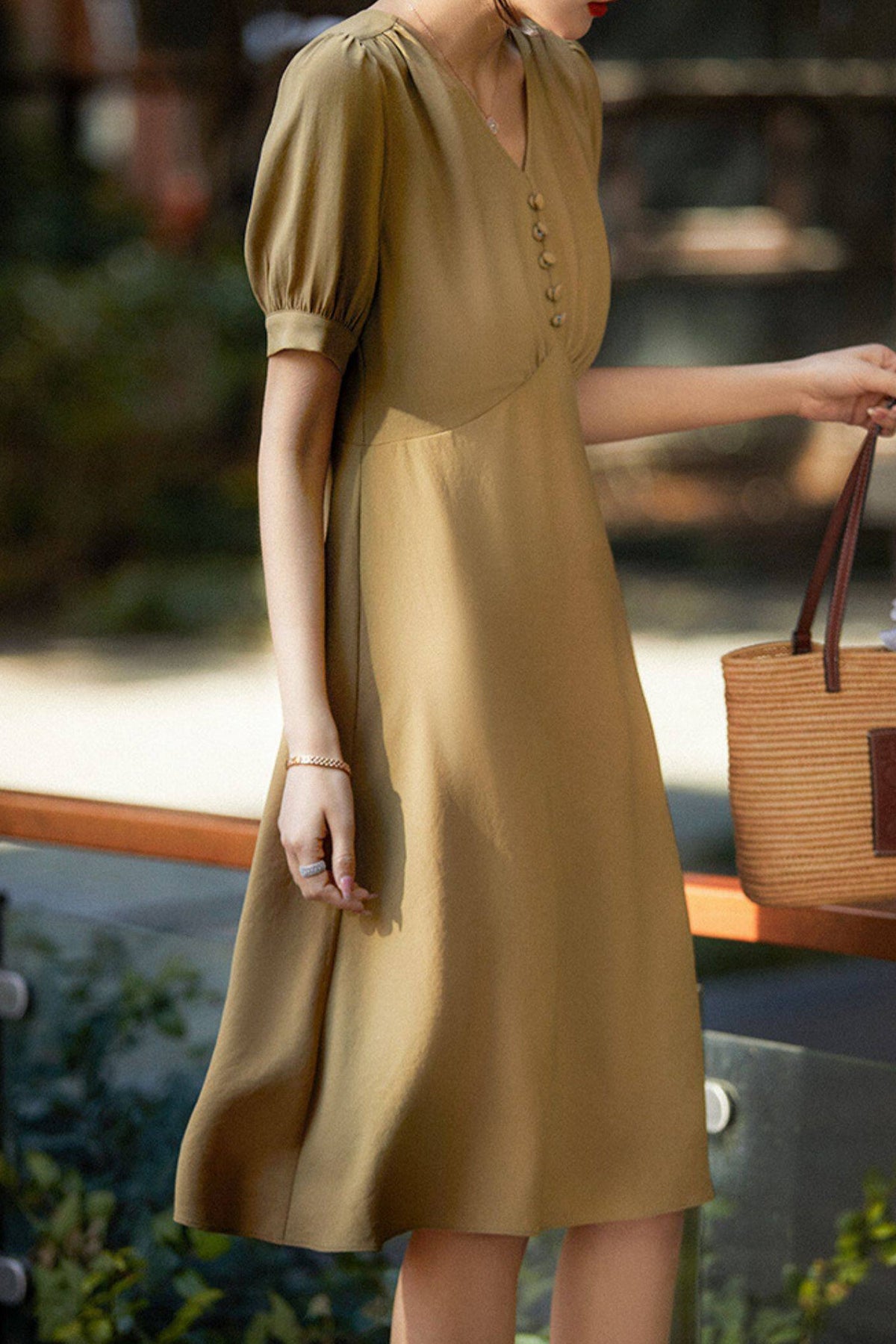 V-Neck Puff Sleeve A-Line Acetate Midi Dress