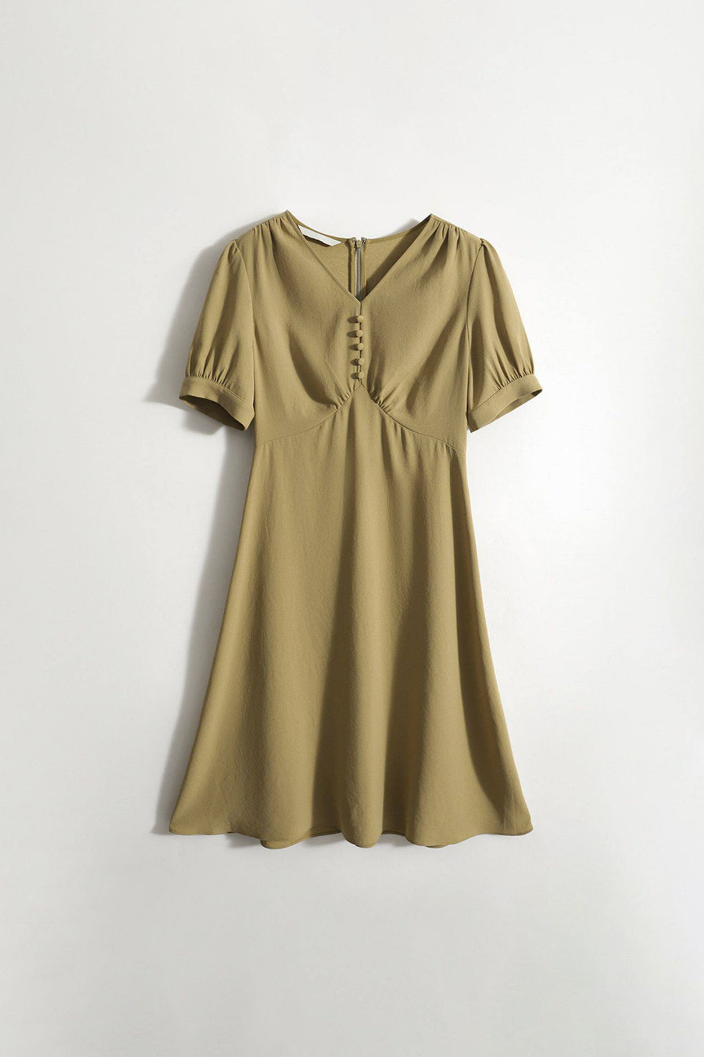 V-Neck Puff Sleeve A-Line Acetate Midi Dress