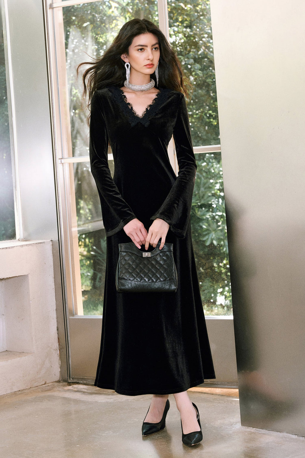 Black Velvet Long Sleeve Lace V-Neck Maxi Dress