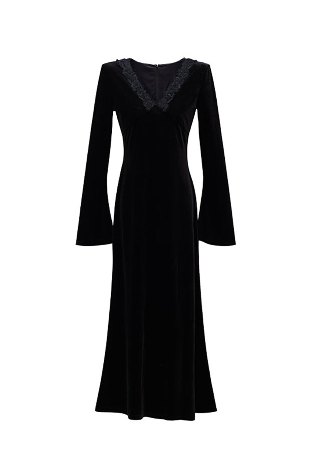 Black Velvet Long Sleeve Lace V-Neck Maxi Dress