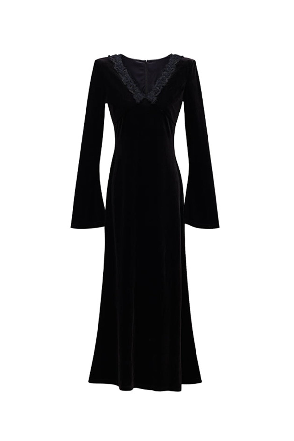 Black Velvet Long Sleeve Lace V-Neck Maxi Dress