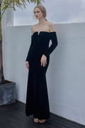 Black Velvet Long Sleeve Off-Shoulder Evening Gown