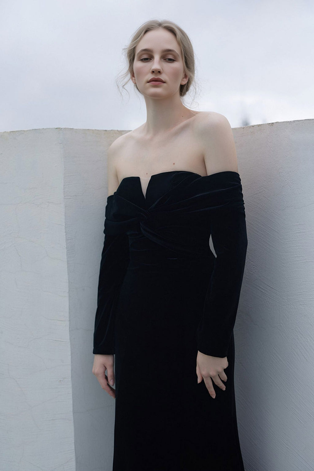 Black Velvet Long Sleeve Off-Shoulder Evening Gown