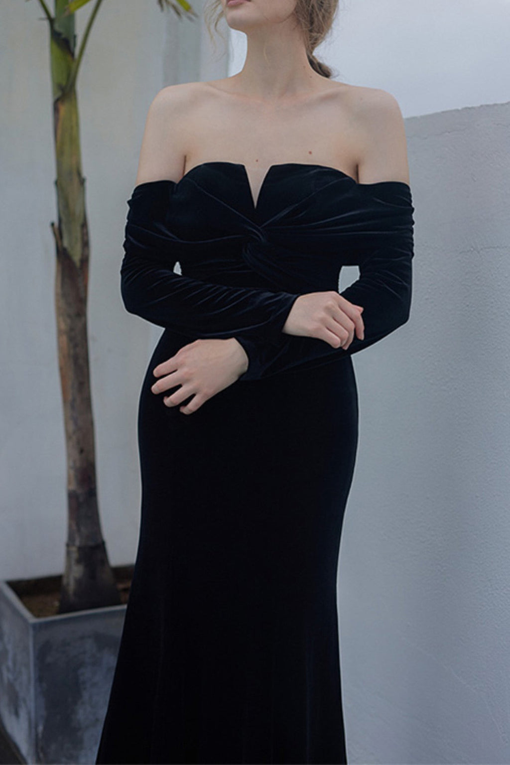 Black Velvet Long Sleeve Off-Shoulder Evening Gown