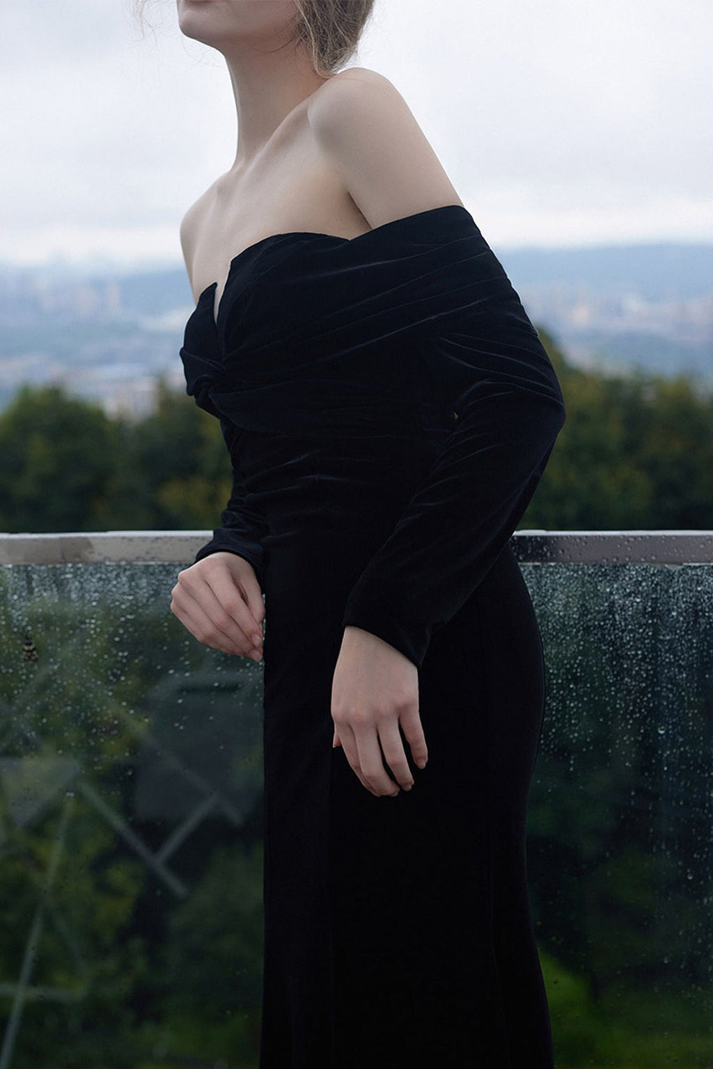 Black Velvet Long Sleeve Off-Shoulder Evening Gown