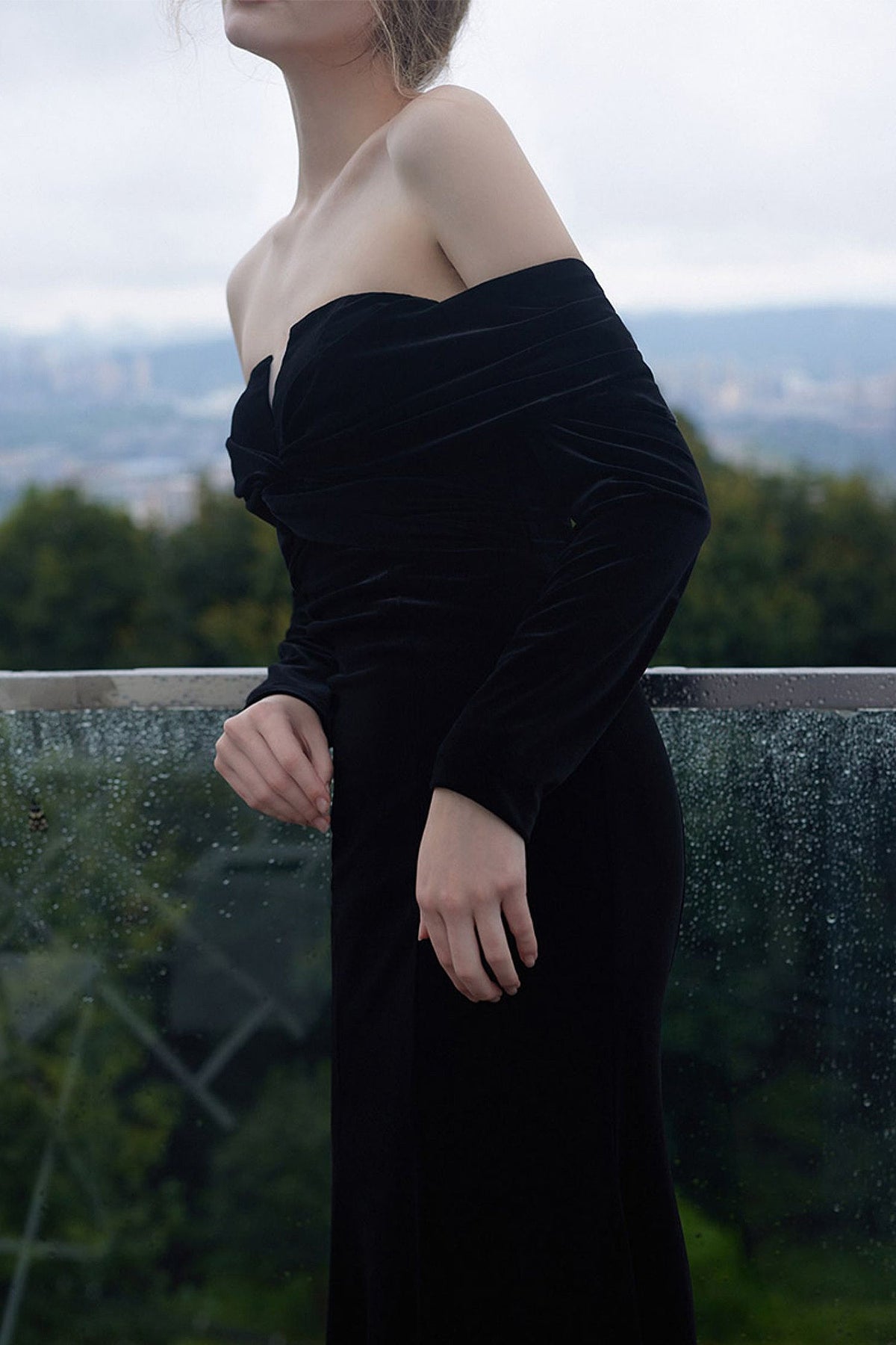 Black Velvet Long Sleeve Off-Shoulder Evening Gown