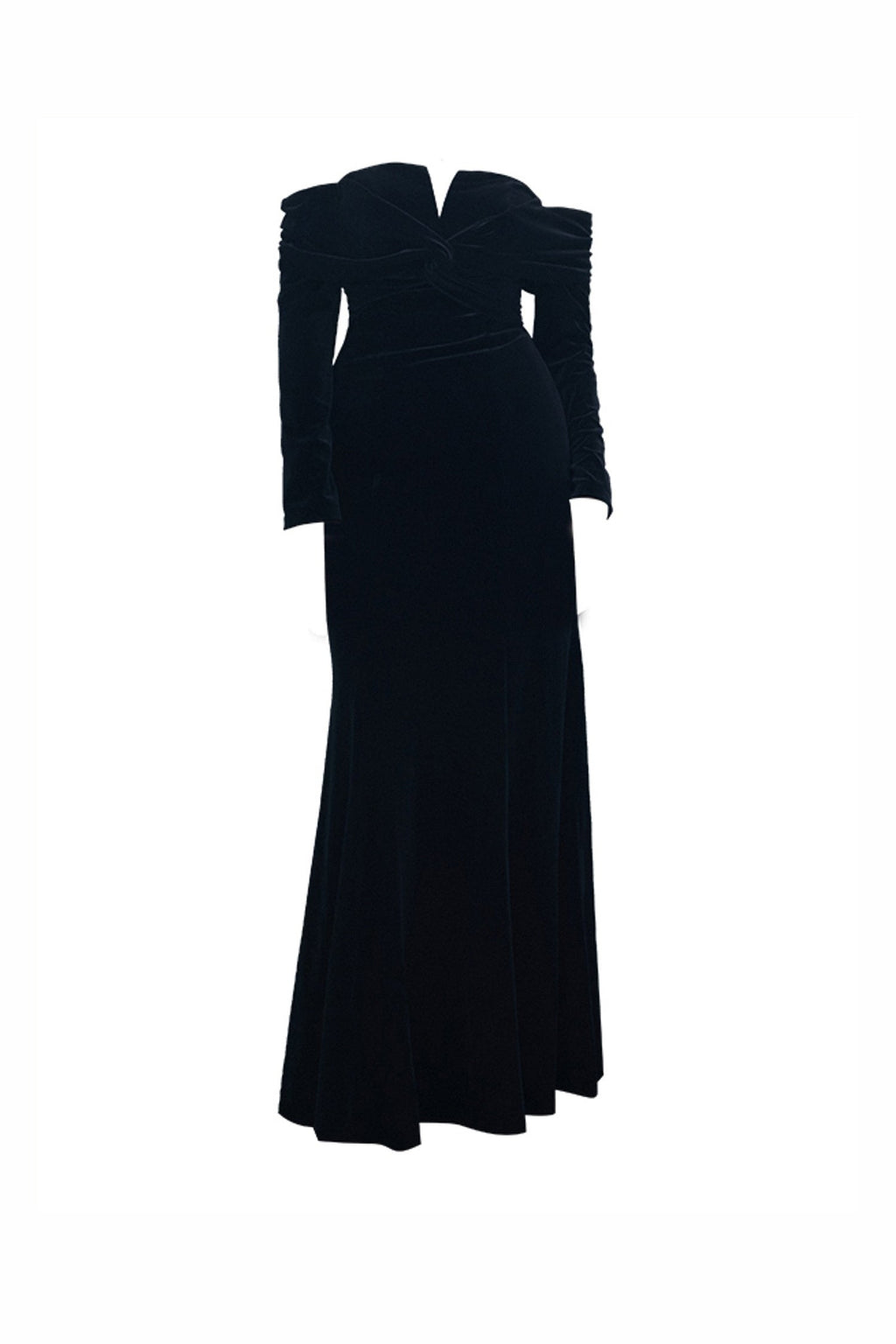 Black Velvet Long Sleeve Off-Shoulder Evening Gown