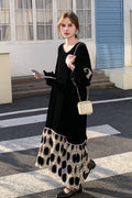 Black Velvet Long Sleeve Polka-Dot Panel Maxi Dress