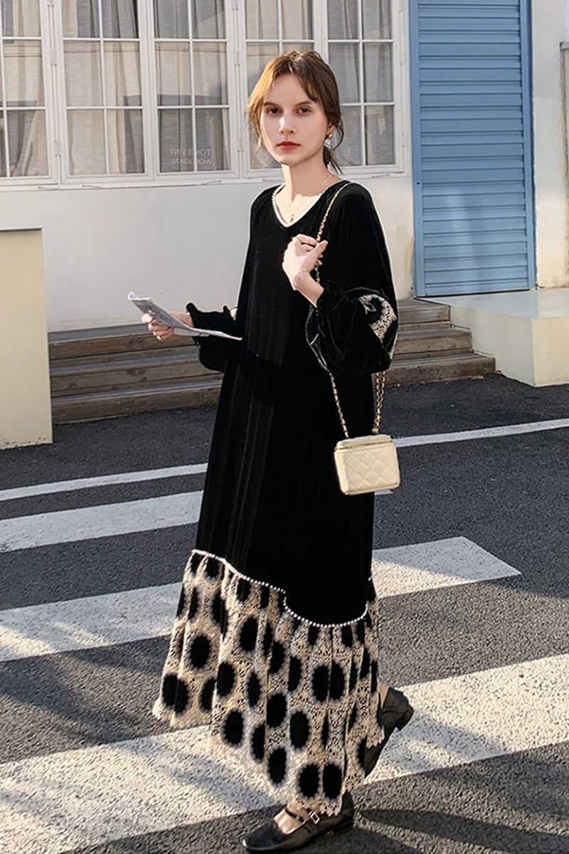 Black Velvet Long Sleeve Polka-Dot Panel Maxi Dress