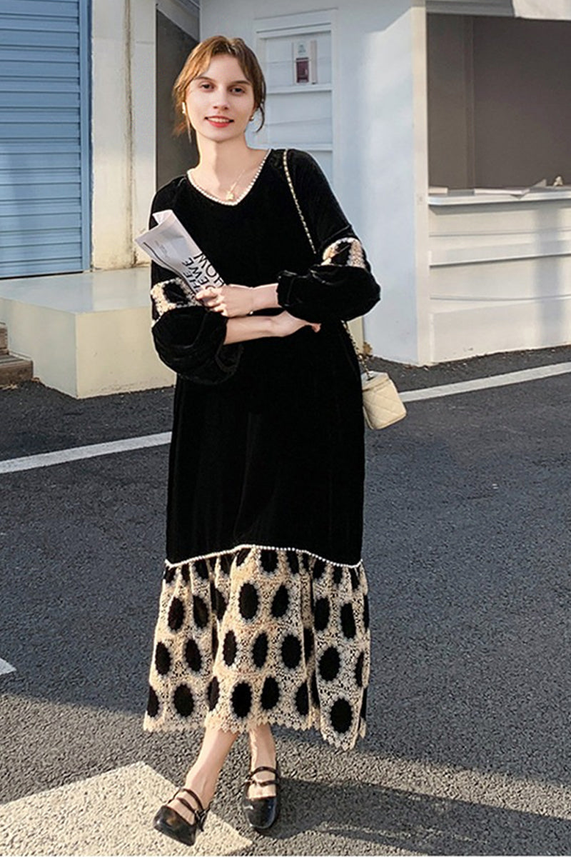 Black Velvet Long Sleeve Polka-Dot Panel Maxi Dress