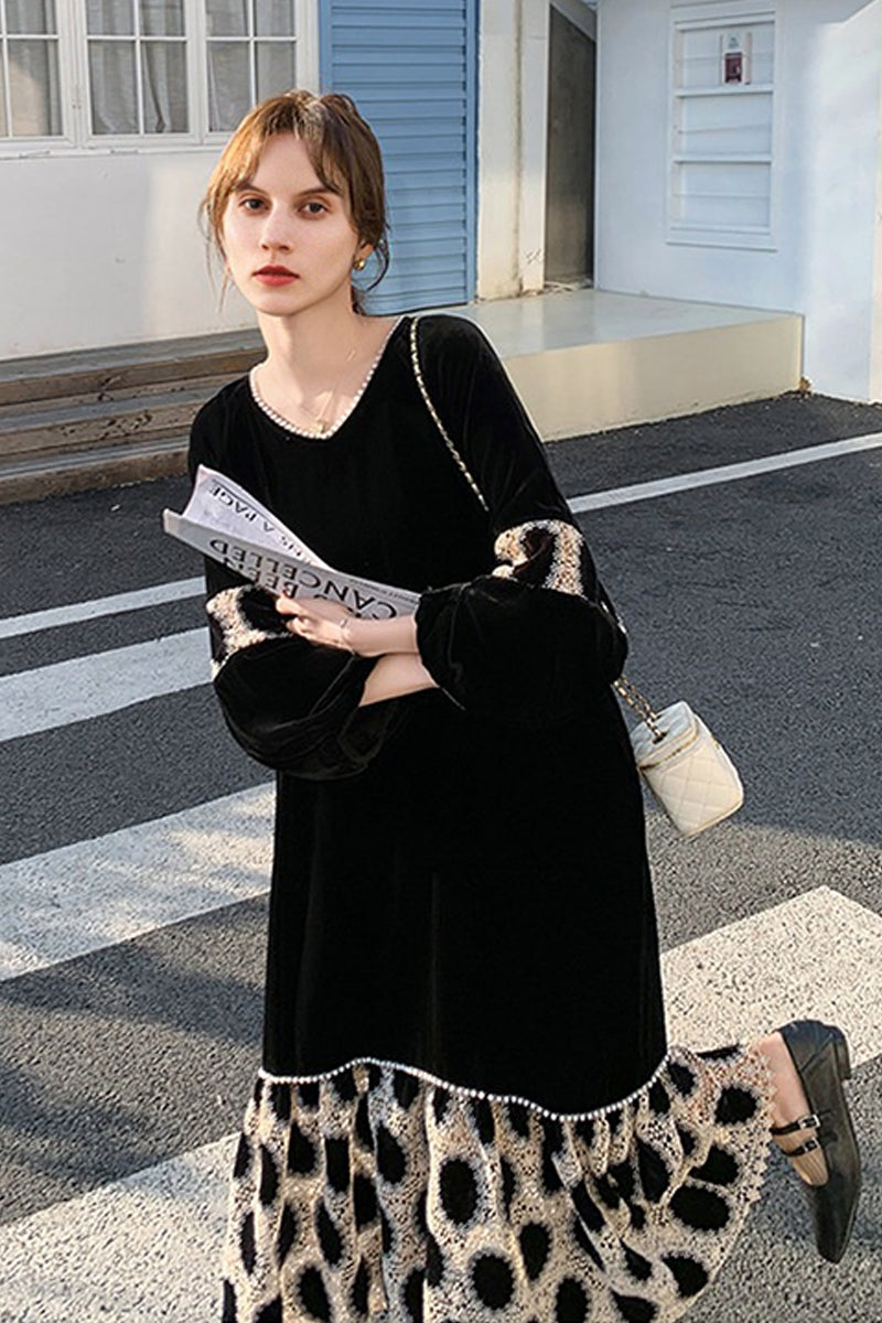 Black Velvet Long Sleeve Polka-Dot Panel Maxi Dress