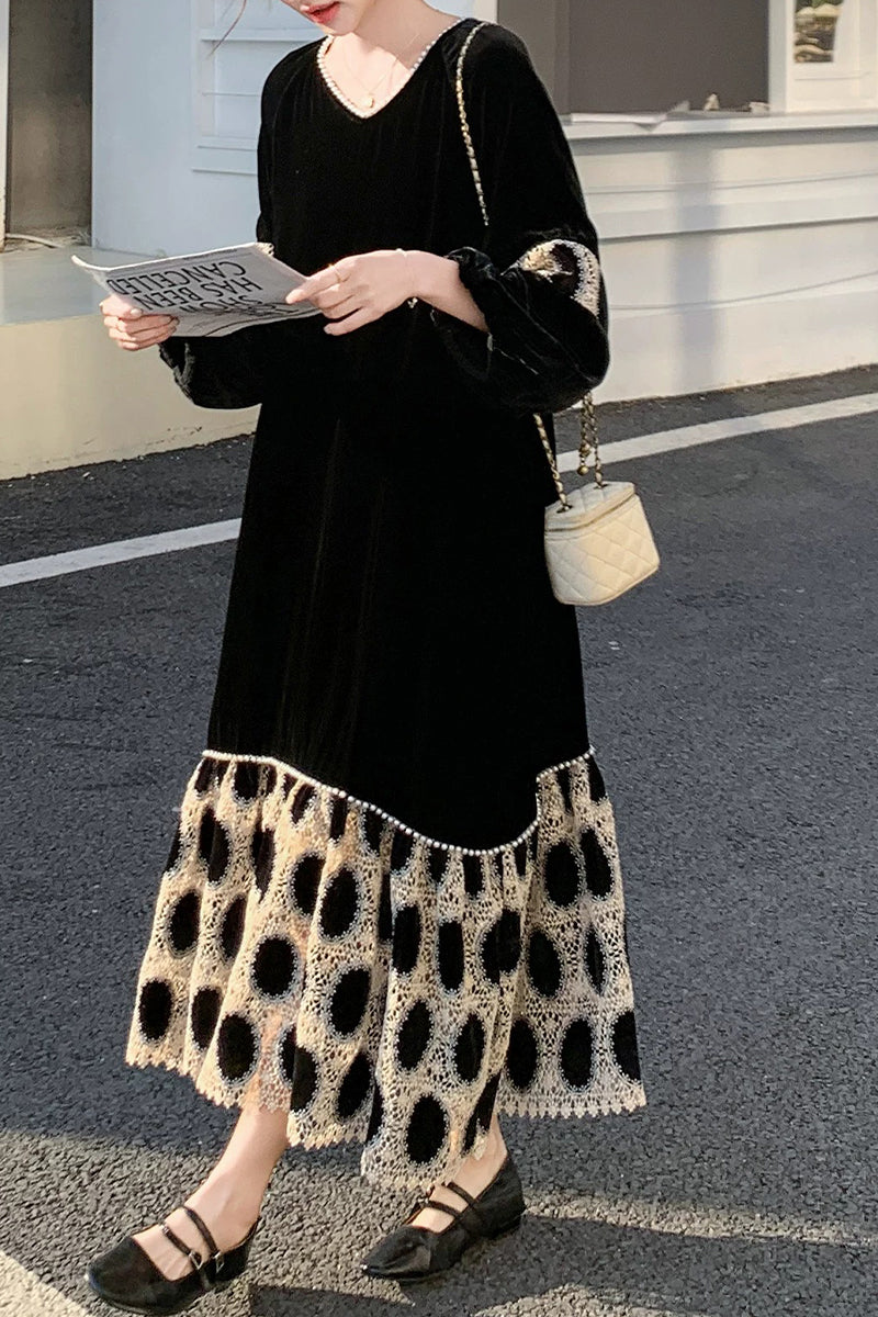 Black Velvet Long Sleeve Polka-Dot Panel Maxi Dress