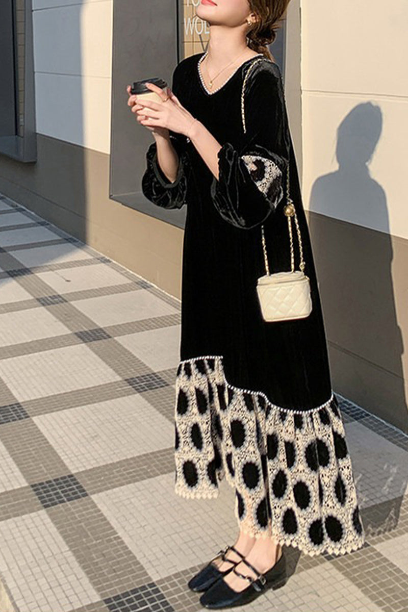 Black Velvet Long Sleeve Polka-Dot Panel Maxi Dress